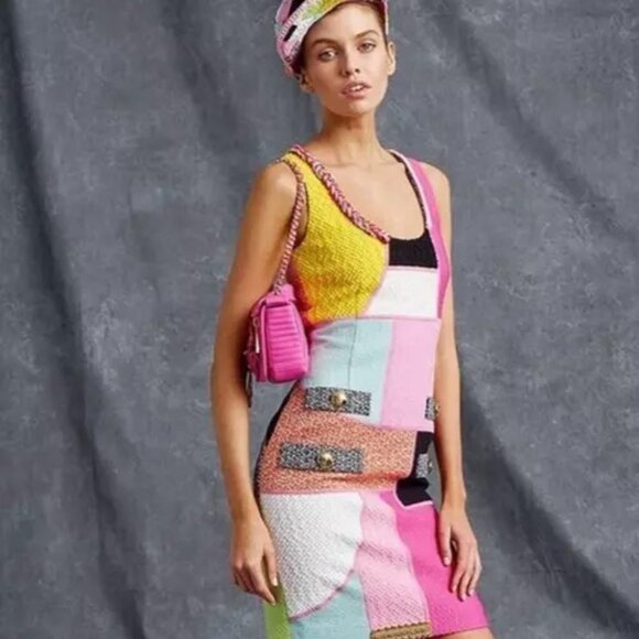 MOSCHINO COUTURE PATCHWORK TWEED DRESS DEADSTOCK *GIGI HADID* USA 10 IT44 - Picture 4 of 10